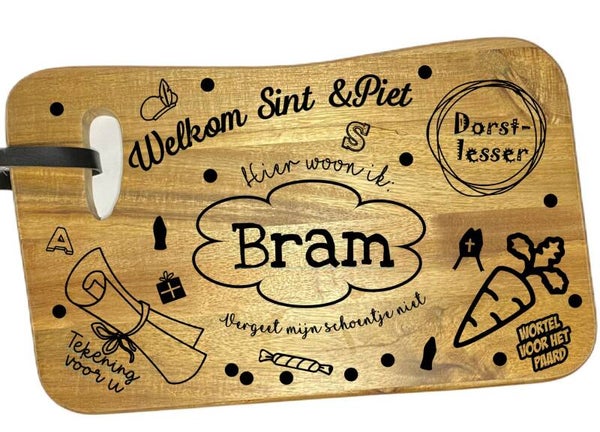 Houten onderzetter: Welkom Sint & Piet met naam