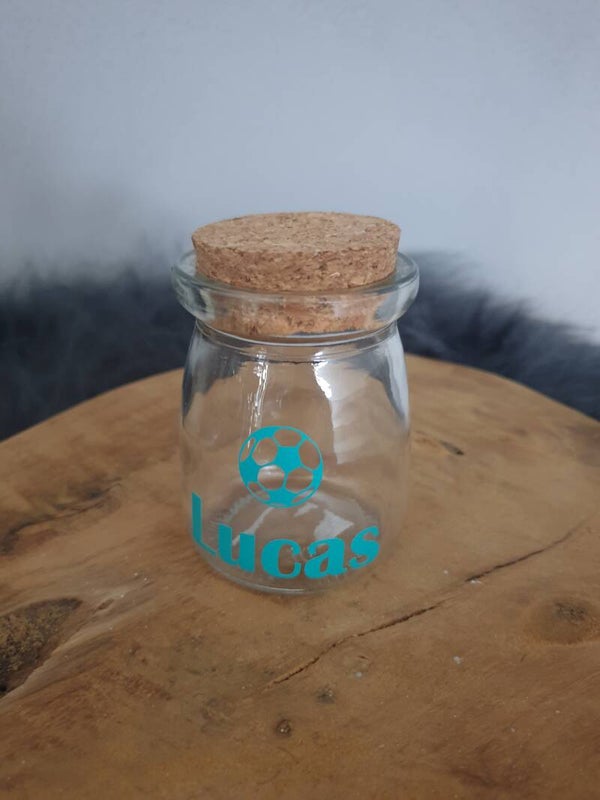 Glazen potje met kurk met naam gepersonaliseerd