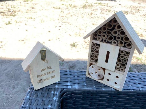 Insectenhotel met tekst: Juf Bedankt voor het BIJzondere jaar.