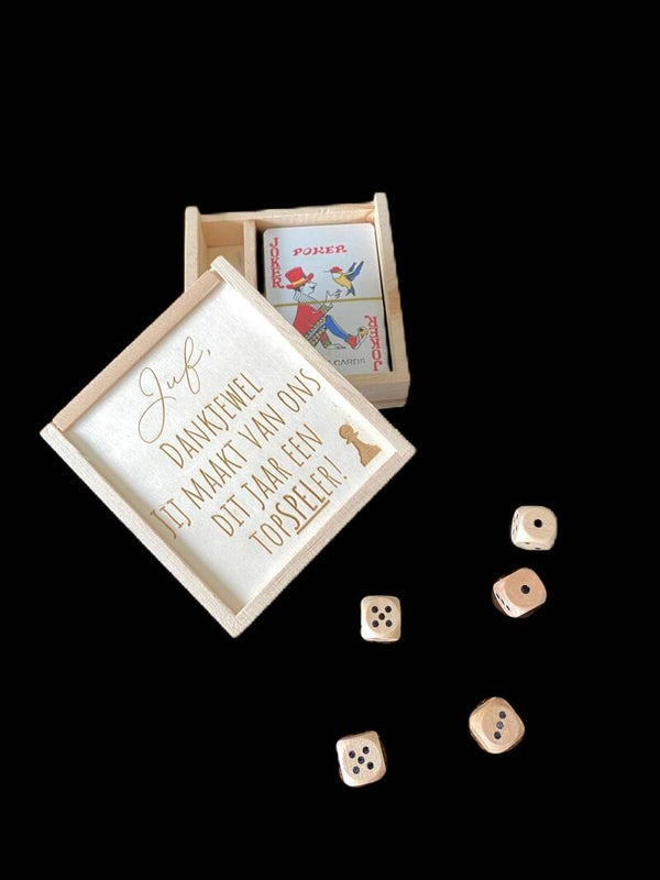 Houten doos met Spellenset met tekst
