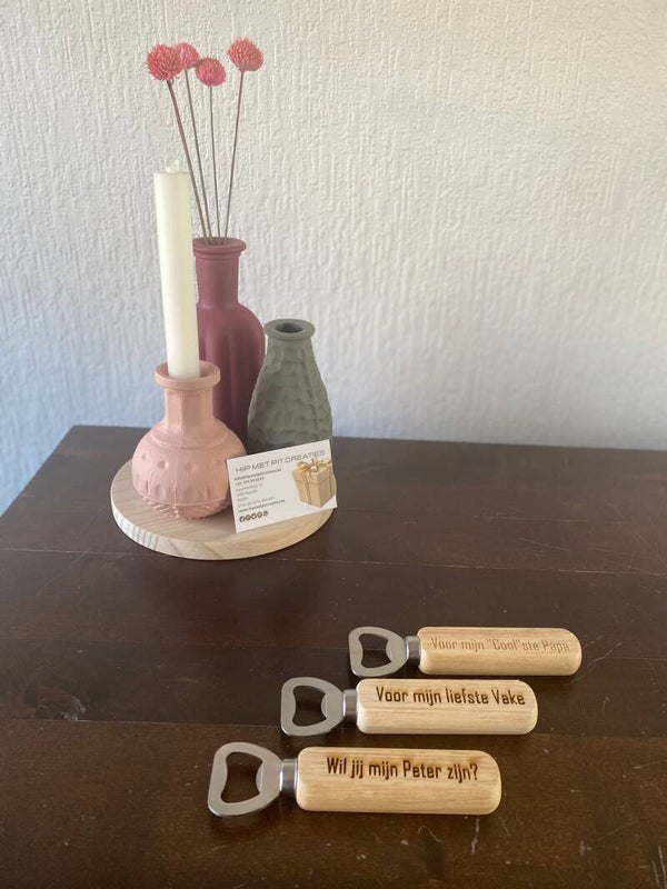 Houten (bier-) opener met tekst / opdruk