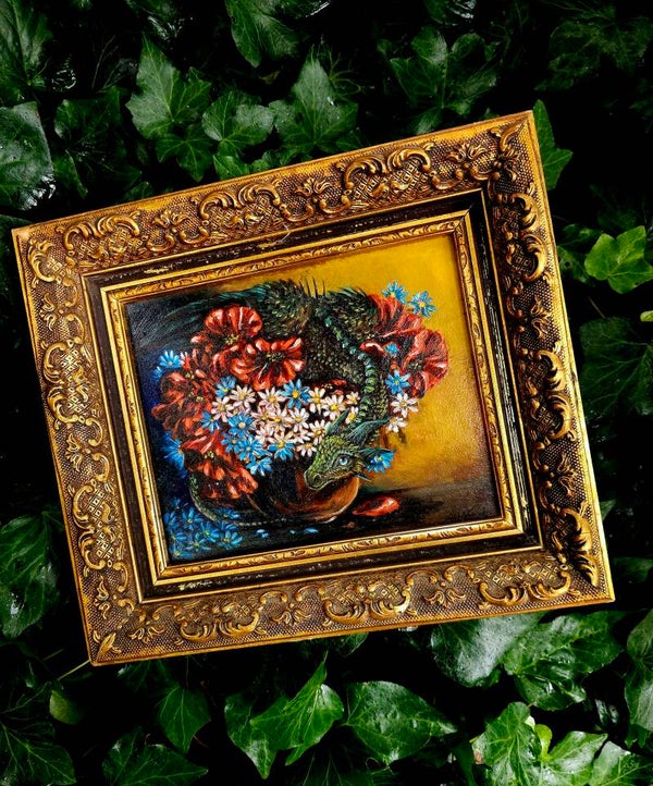 Original "Flower vase Dragon" oil painting