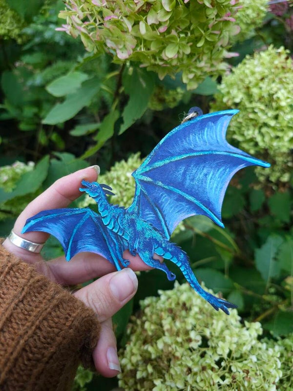 Home deco " blue wooden dragon"