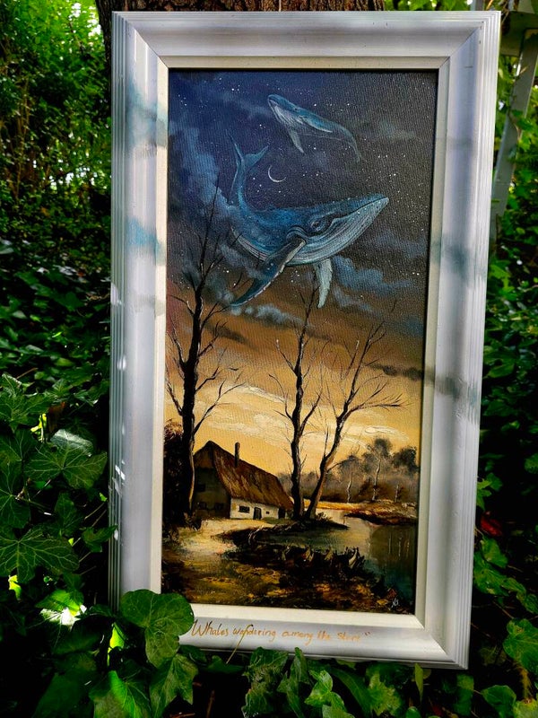 Original "Whales wandering among the stars" oil painting