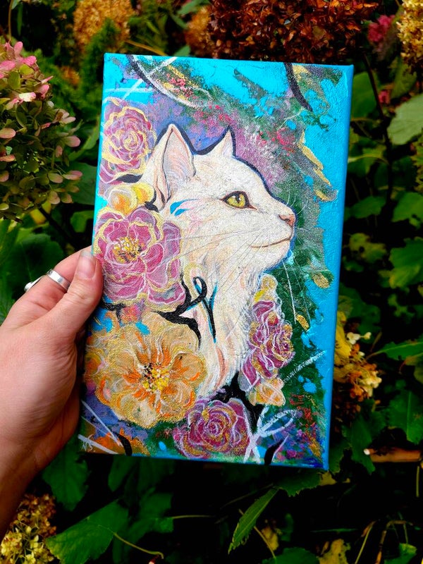 Original "Abstract white cat " acrylic painting