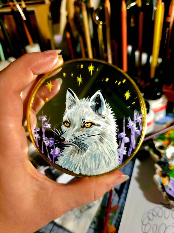 Mirror mini painting  "Snow Fox"