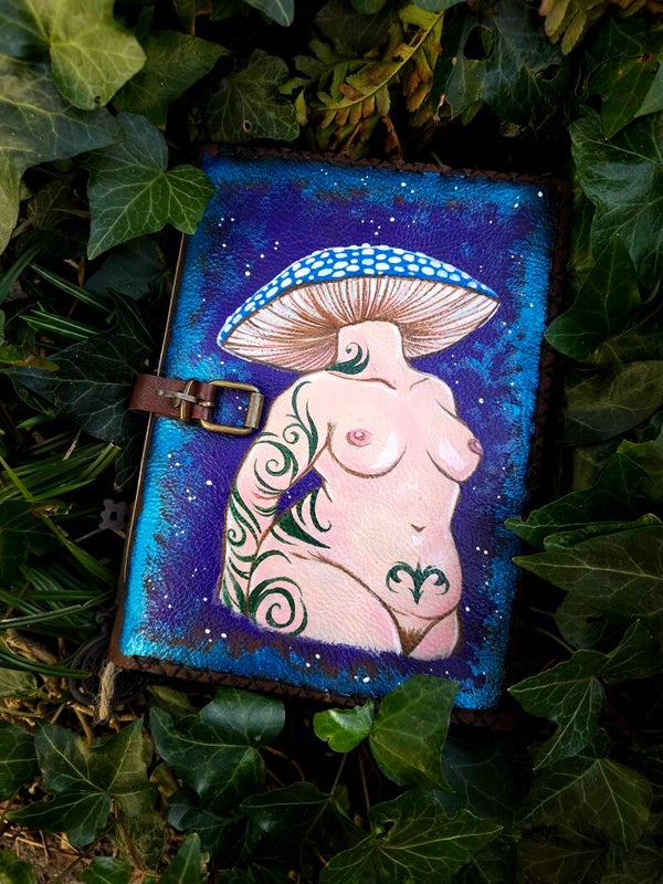 Leather Handpainted book  "mushroom lady"