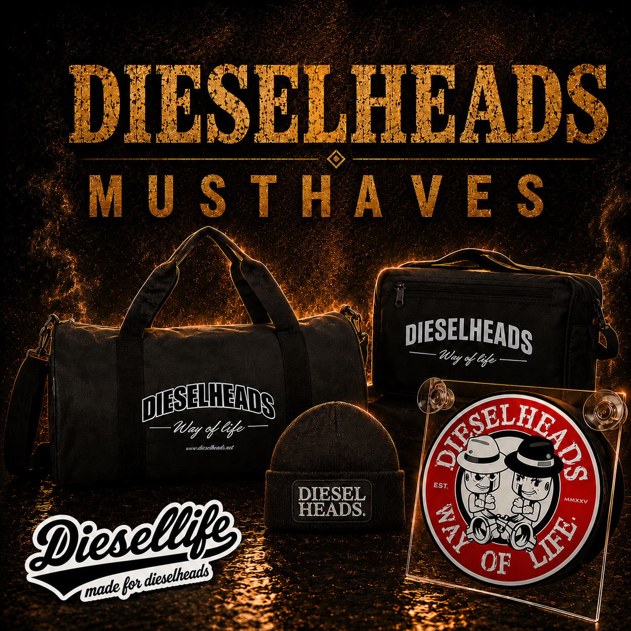 Shop DieselHeads musthaves voor echte truckliefhebbers. Ontdek stoere tassen, beanies, stickers en accessoires in de herkenbare Way of Life-stijl.