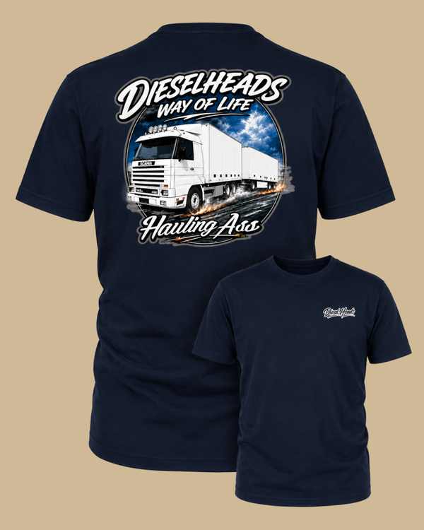DIESELHEADS T-SHIRT | HAULING ASS | NAVY