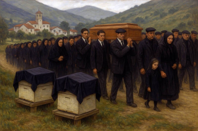 Cortège funèbre basque passant près des ruches voilées de noir