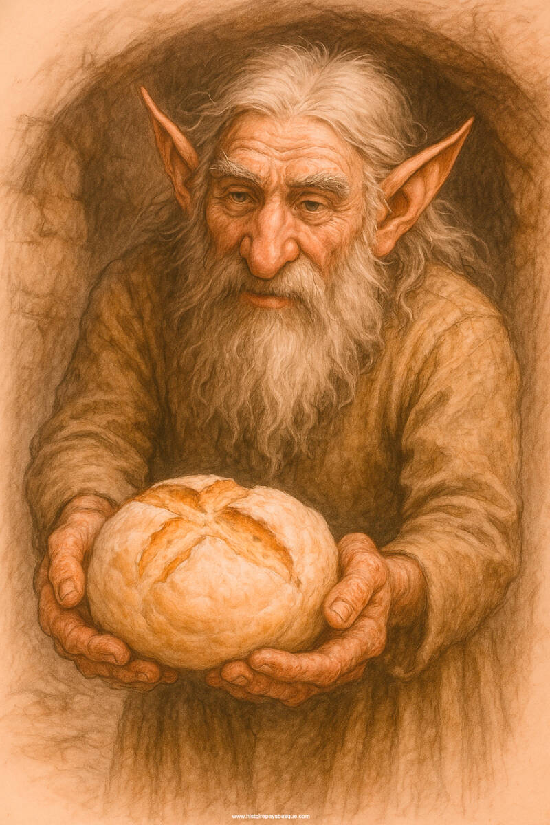 Dans les légendes basques, les Laminak, esprits souterrains bienveillants, offrent parfois du pain blanc en remerciement, symbole de l’entraide entre voisins et entre mondes.