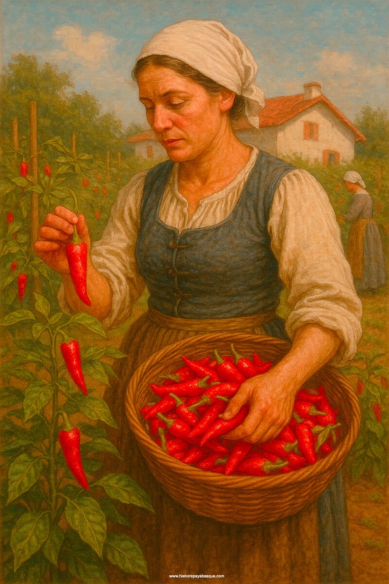 Du XVIIᵉ au XIXᵉ siècle, le piment d’Espelette reste une production familiale, intégrée au potager. Il est traditionnellement cultivé dans le « troisième jardin », celui dont les femmes ont la responsabilité.