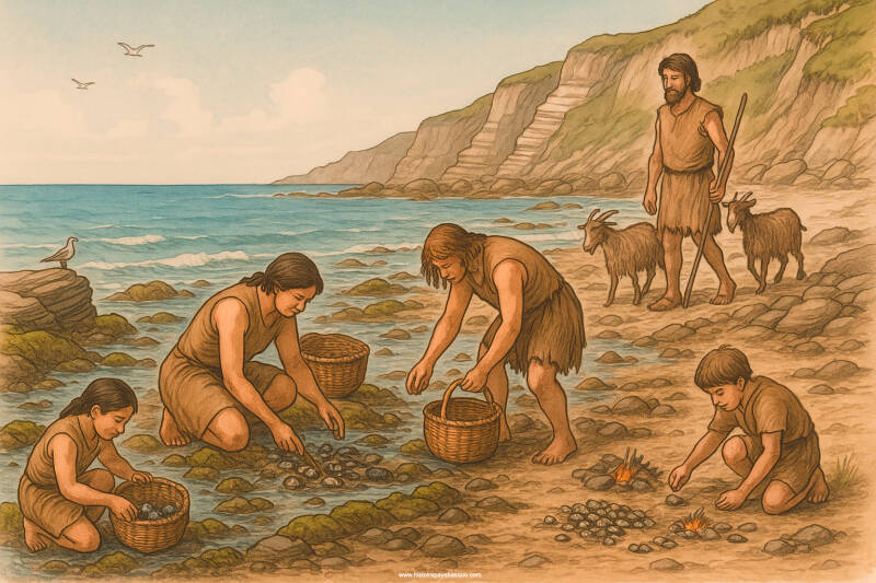 Sur les sites côtiers, on retrouve notamment des amas de coquillages, témoignant d’une consommation régulière de ressources marines.