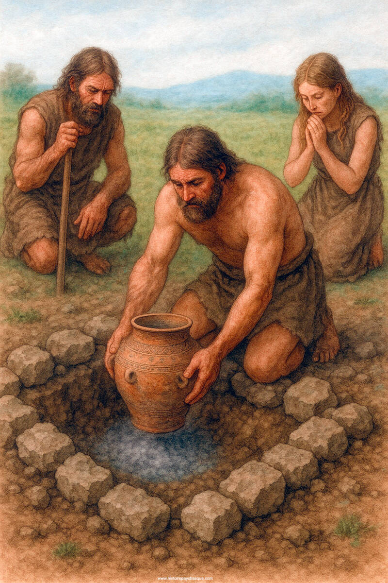 Illustration d’une probable scène de mise en terre d’une urne à l’âge du Bronze.