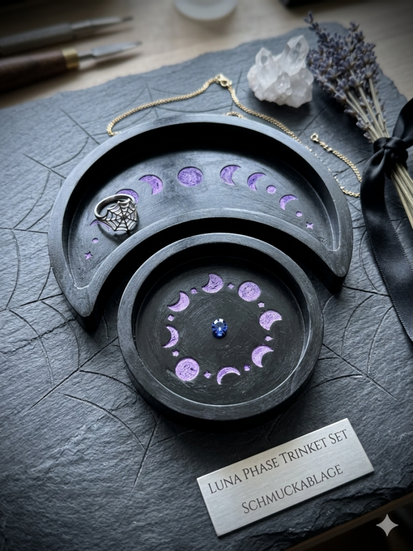 🌙 „Luna Phase Trinket Set“ – Handbemalte Kristall- & Ring-Ablageschalen