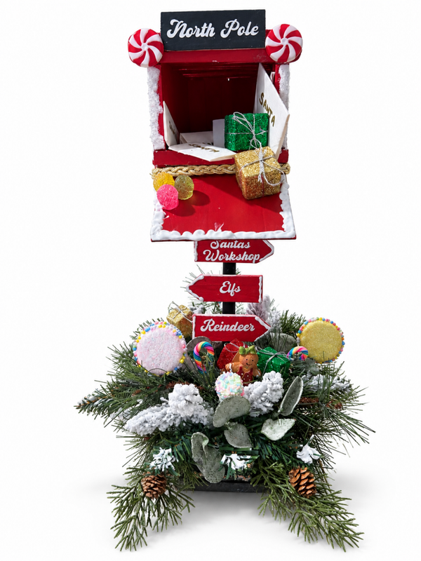 Handmade North Pole Mailbox Christmas Centerpiece with Candy Decorations & Frosted Greenery
