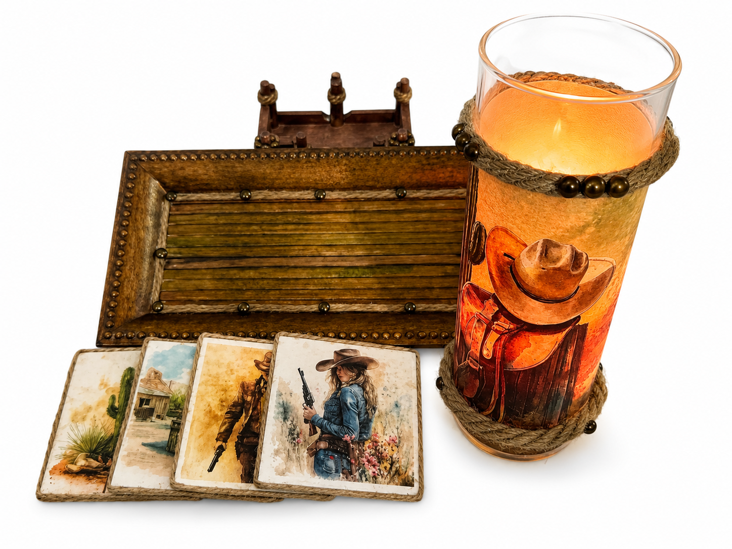 Country Western Coasters Set with Candle and Tray Gift Set