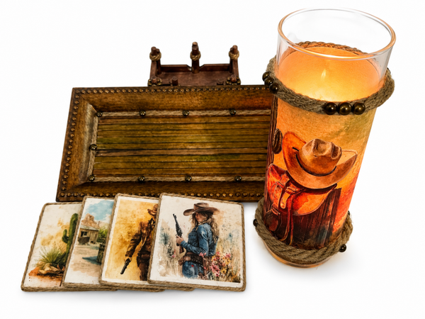 Country Western Coasters Set with Candle and Tray Gift Set