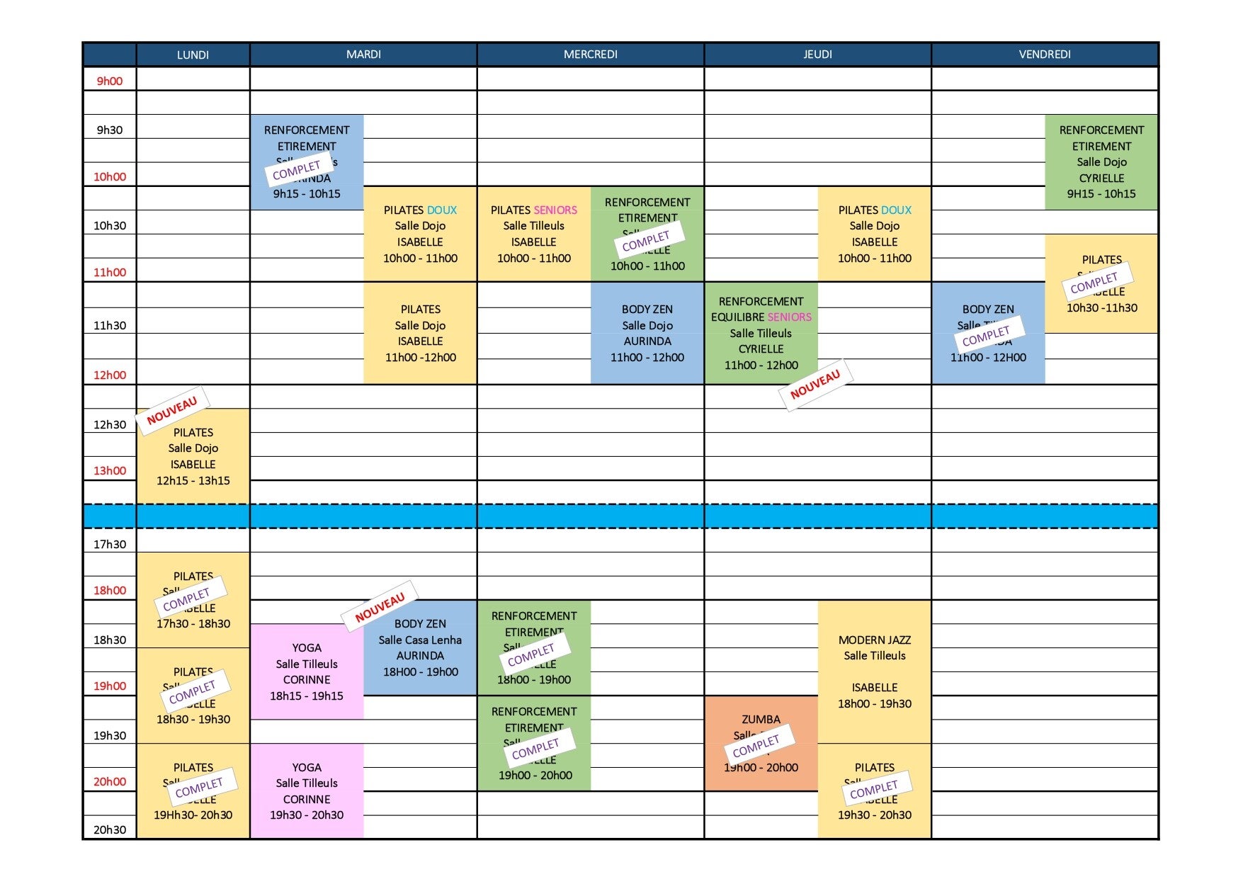 Planning de Gymplus, association de sport à Tosse