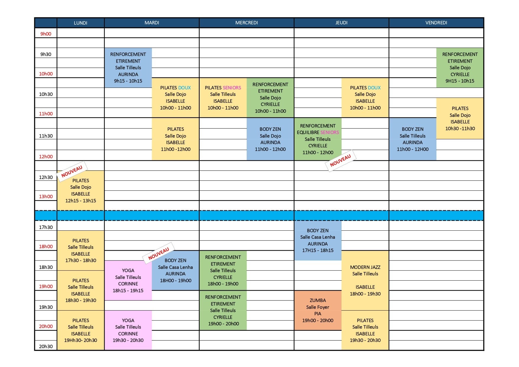 Planning de Gymplus, association de sport à Tosse