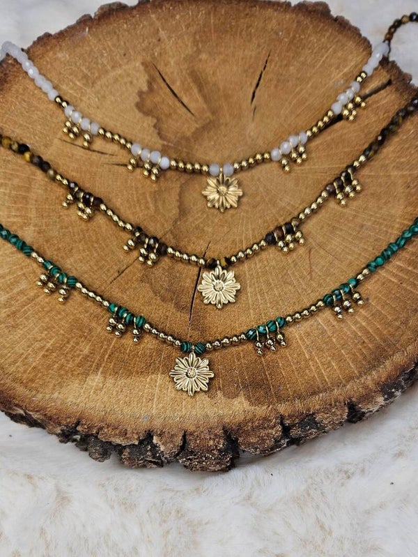 COLLIER Pierres Véritable ( Oeil de tigre , Aventurine verte )