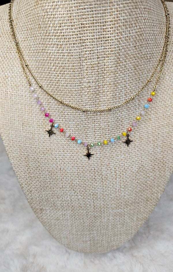 🌟 Collier Double Rang – Perles Colorées & Étoiles Polaires