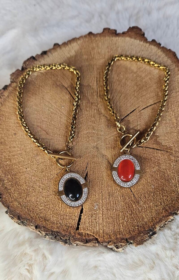 Duo collier & bracelet gros maillons dorés – pendentif rond strassé