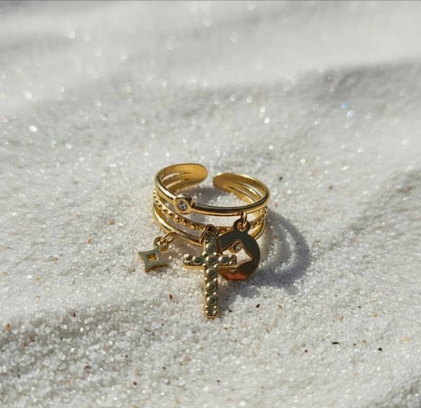 Bague dorée ajustable – Breloques thème chrétien ✨
