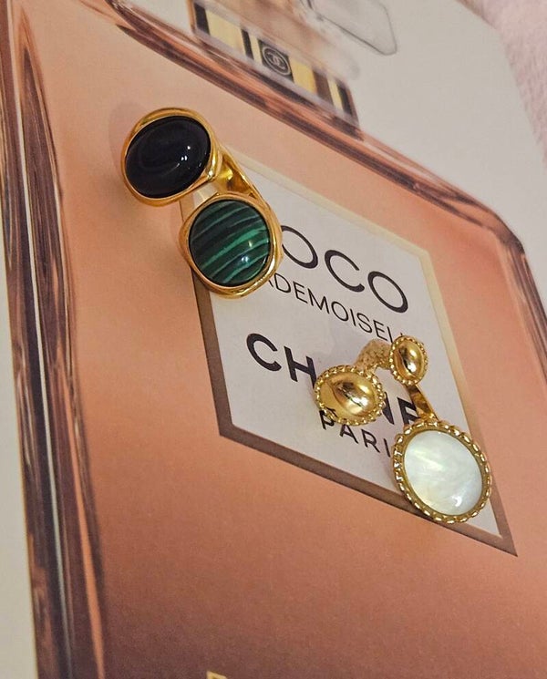 💍✨ Bagues XL dorées en acier inoxydable – pierres nacrées, noire & verte ✨💍