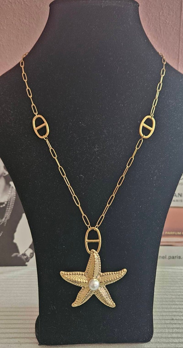 Collier Marin chaîne trombone dorée étoile de mer & perle nacrée 🌊✨