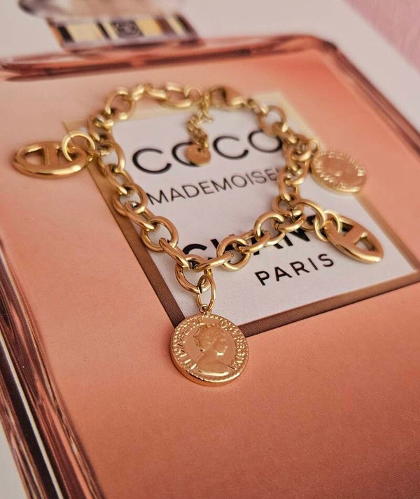 ✨️Bracelet gros maillons breloques mailles marines et pièces doré ✨️
