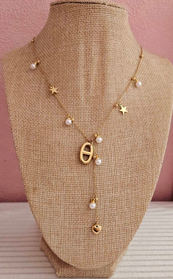 ✨️ Collier Y maille marine étoiles/ perles doré ✨️