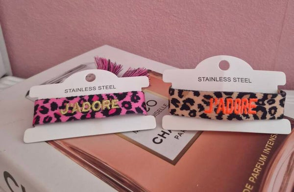 ✨️Bracelet Brodé Léopard Chic – Marron & Rose, Ajustable avec Petit Cordon ✨