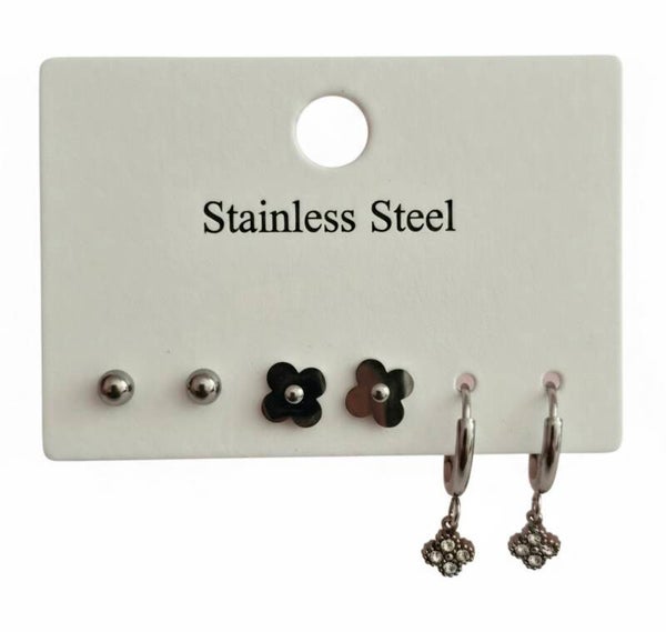 ✨ Trio de boucles d'oreilles argentées – 3 paires en acier inoxydable ✨