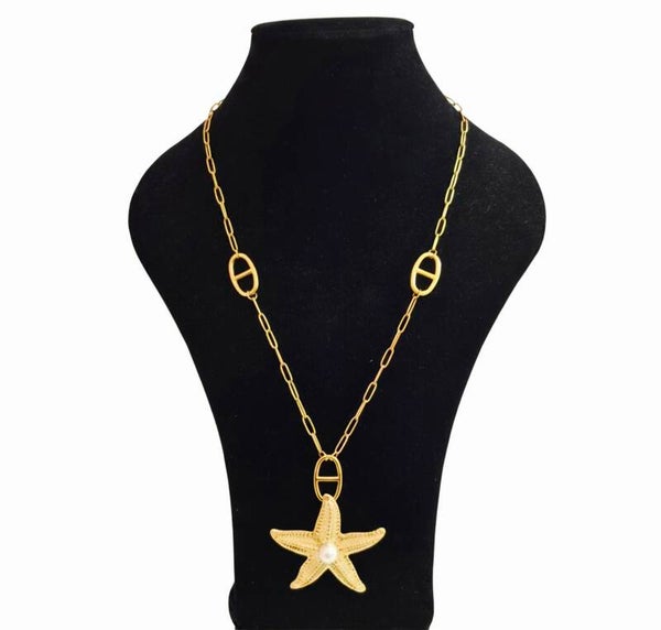 Collier Marin chaîne trombone dorée étoile de mer & perle nacrée 🌊✨