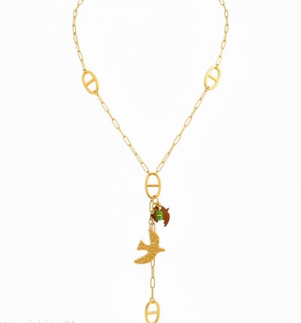 CollierCollier chaîne trombone breloques colombe poisson & perle verte 🌊✨