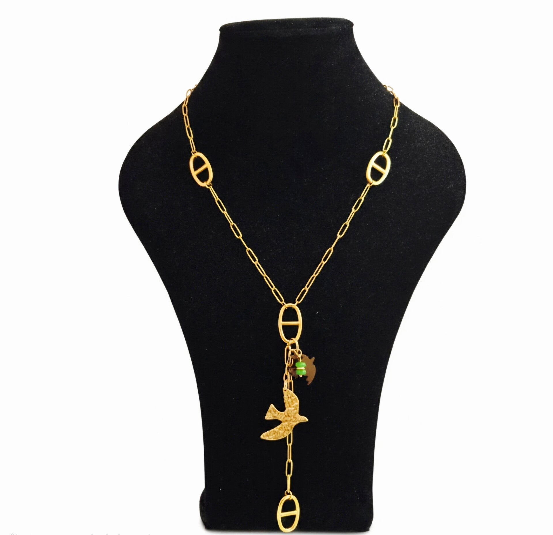 CollierCollier chaîne trombone breloques colombe poisson & perle verte 🌊✨