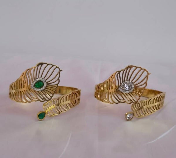 ✨️Bracelet Jonc Doré Ouvert – Feuilles Croisées avec Zircon Blanc ou Vert, Acier Inoxydable✨️