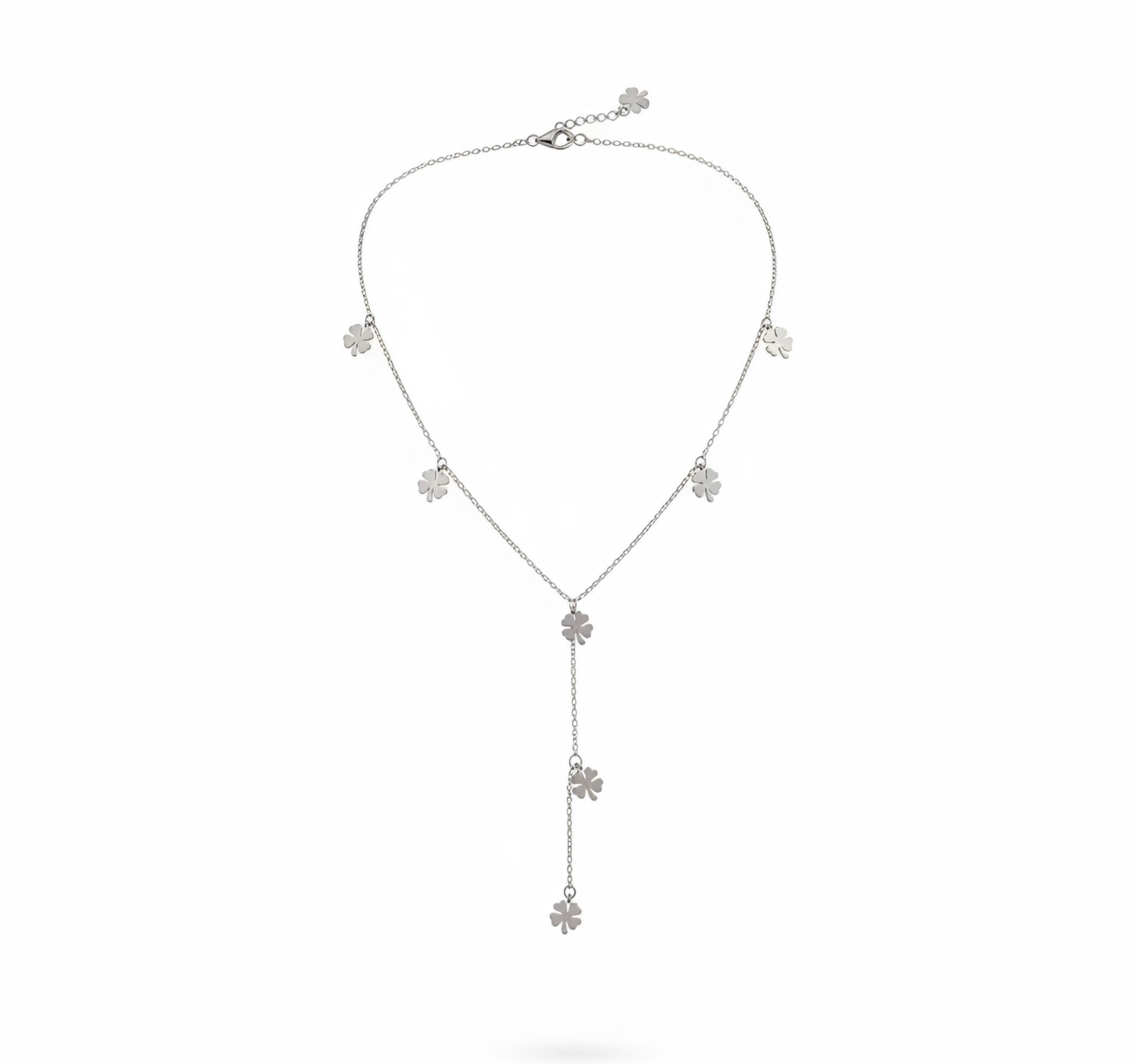 🍀 Collier Long en Y Argenté – Pampilles Trèfles