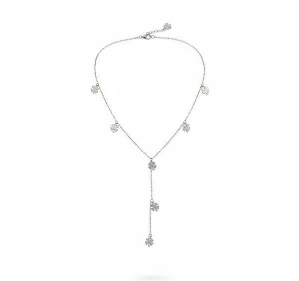 🍀 Collier Long en Y Argenté – Pampilles Trèfles