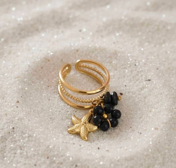 Bague Breloques Fleur & Étoile de Mer – Acier inoxydable ajustable