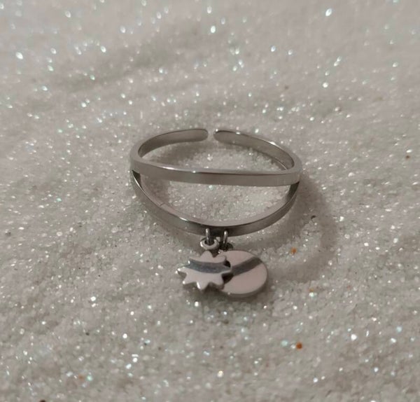 Bague Breloques Argentée Pastille & Étoile – Acier inoxydable ajustable