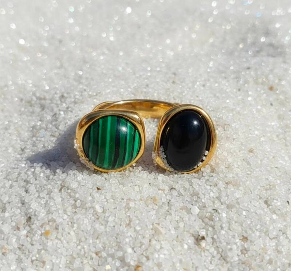 💍✨ Bagues XL dorées en acier inoxydable – pierres nacrées, noire & verte ✨💍