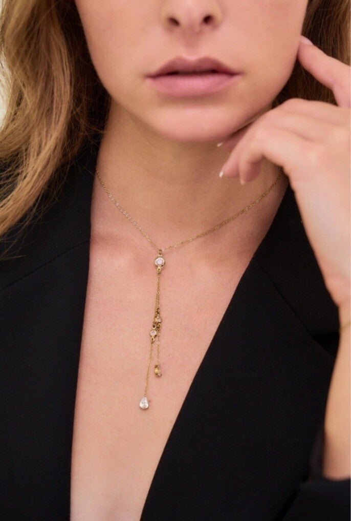 « Collier Y doré aux gouttes colorées »