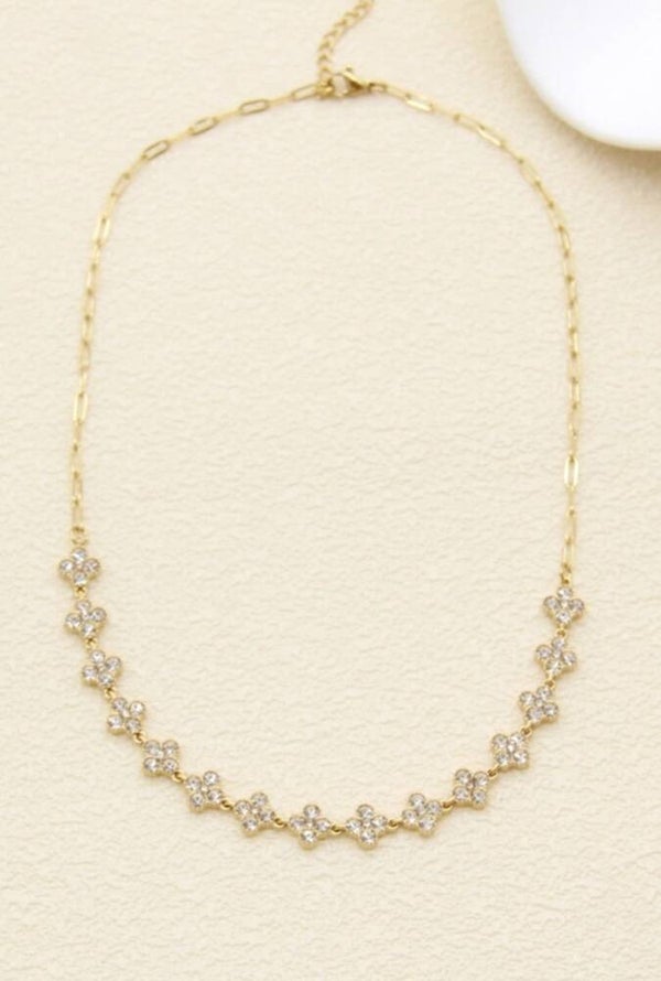 Collier Doré à Fleurs Strass – Acier Inoxydable Élégant
