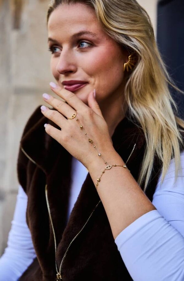 Bracelet de main maille marine et zircons en acier inoxydable doré