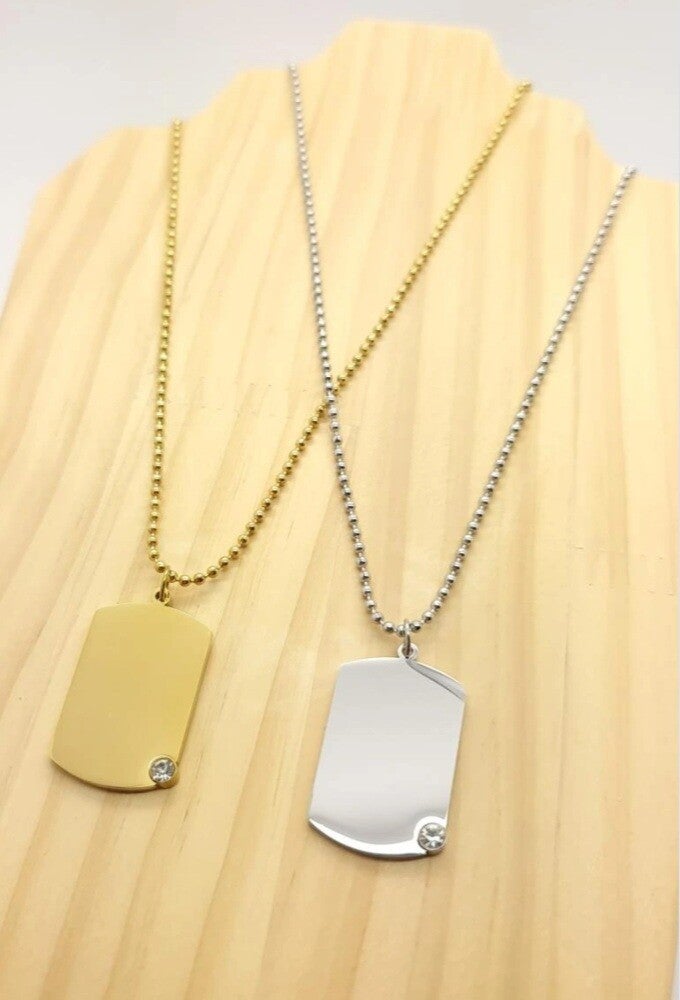 Collier chaîne boule + plaque rectangulaire a graver avec 1 strass