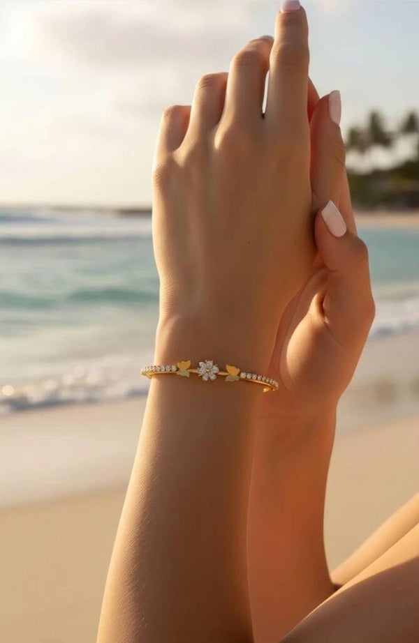 Bracelet jonc ouvert – Doré ou Argenté avec strass et papillons