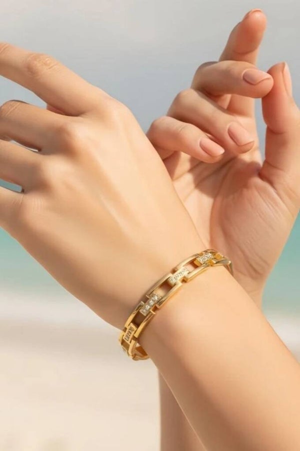 Bracelet jonc en acier inoxydable – Mailles rectangulaires et strass