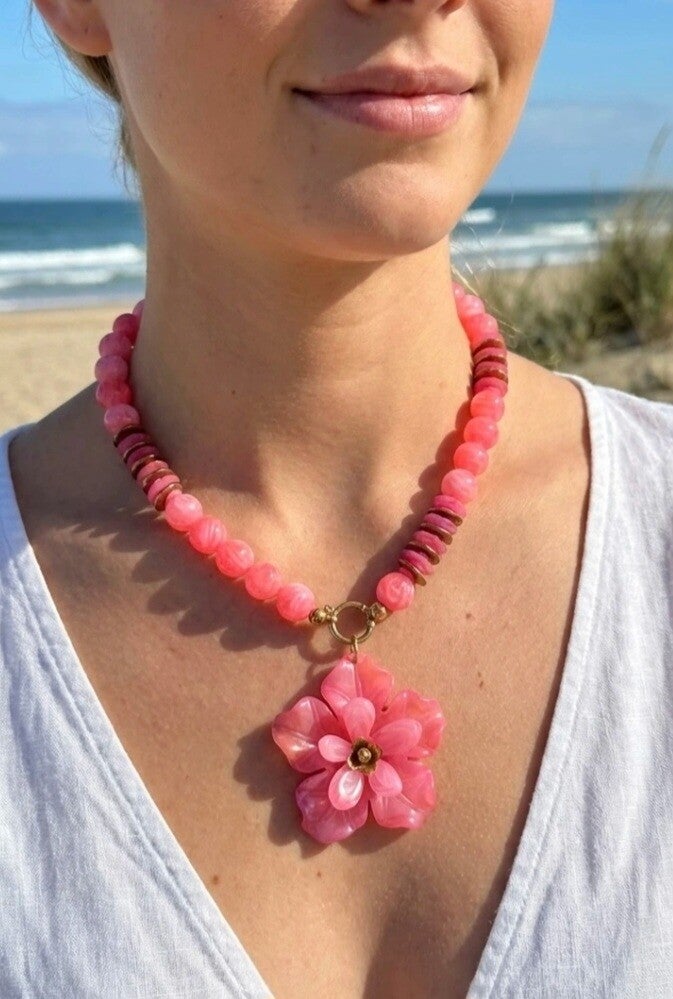 🌸 Collier Méga Perles & Fleur – Couleurs Printemps-Été 🌸